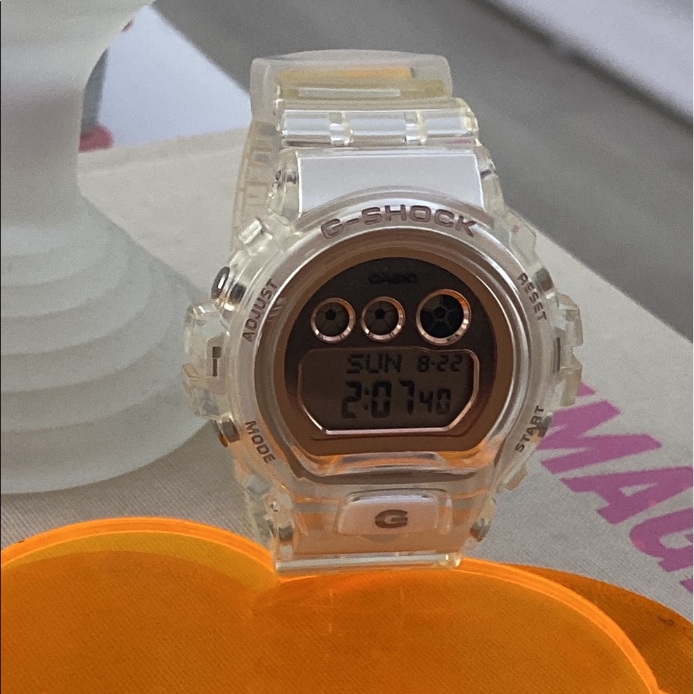 G-SHOCK clear + rose gold jelly watch